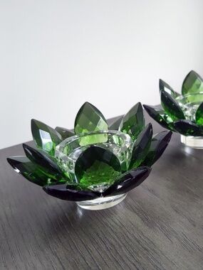 2 Sorelle Vintage MCM Lotus Candle Holder in Faceted Crystal Glass Emerald Green